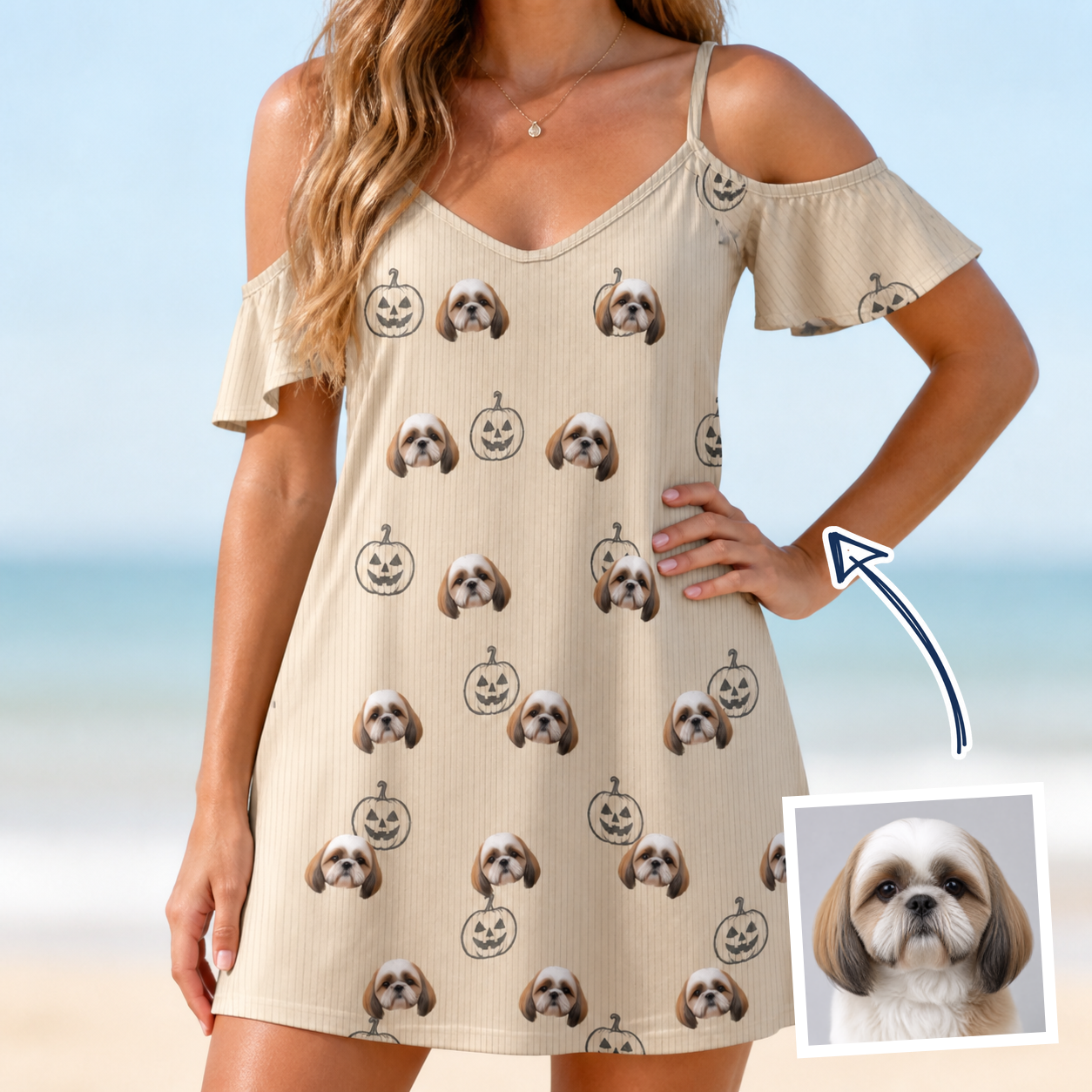 Woman wearing Women's Cucurbit Chuckles Custom Dog Face Off-Shoulder Dress — custom faces printed all-over
