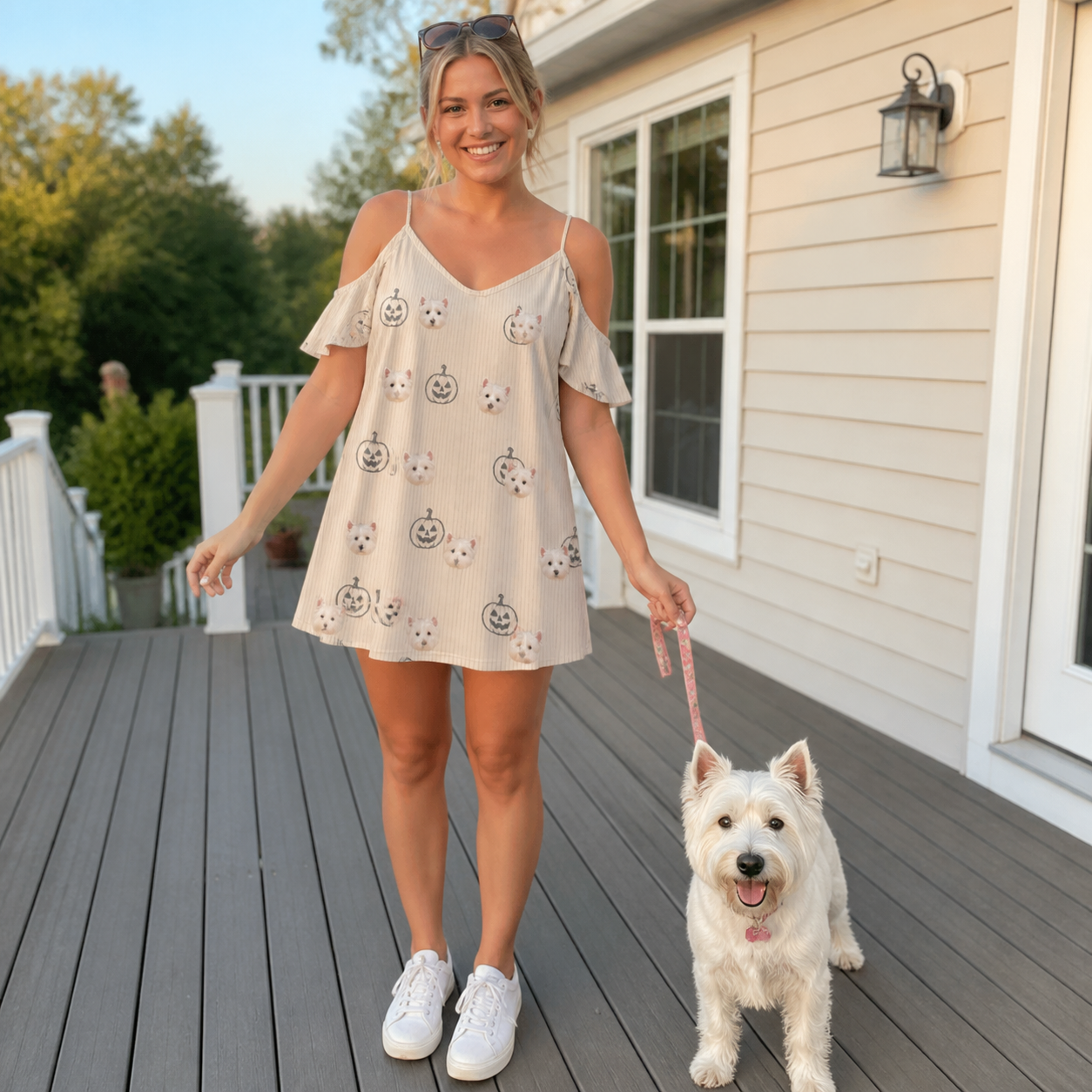 Full-length photo with the pet printed all over this Women's Cucurbit Chuckles Custom Dog Face Off-Shoulder Dress