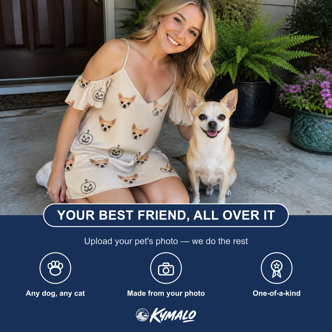 Friends in matching Women's Cucurbit Chuckles Custom Dog Face Off-Shoulder Dress — a group gift photo