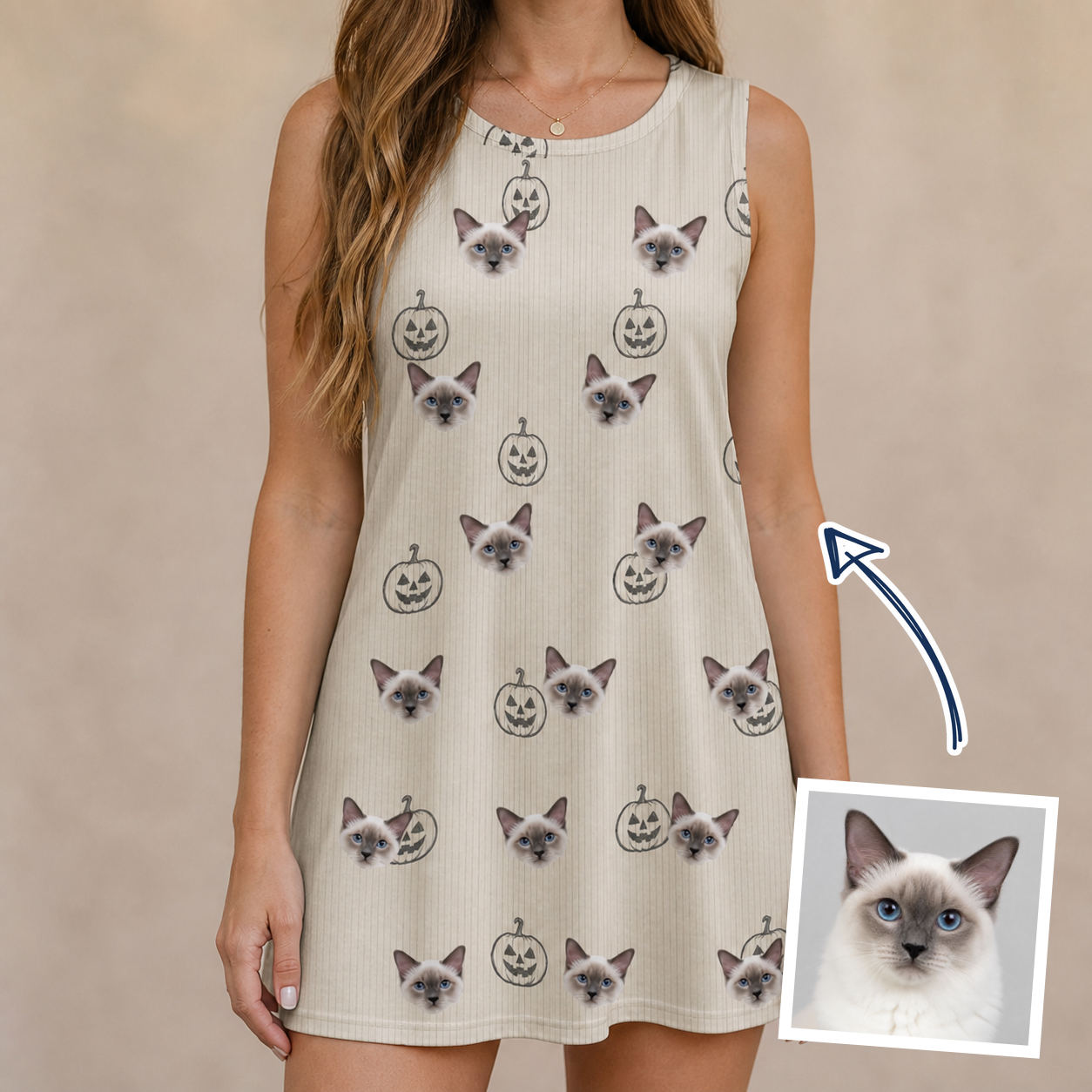 Woman wearing Women's Cucurbit Chuckles Custom Cat Face Tank Dress — custom faces printed all-over