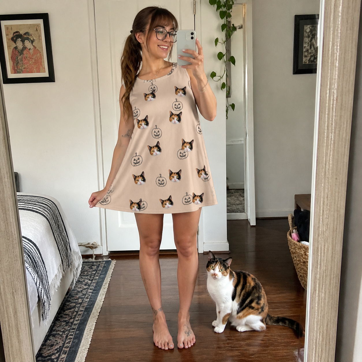 Full-length photo with the pet printed all over this Women's Cucurbit Chuckles Custom Cat Face Tank Dress