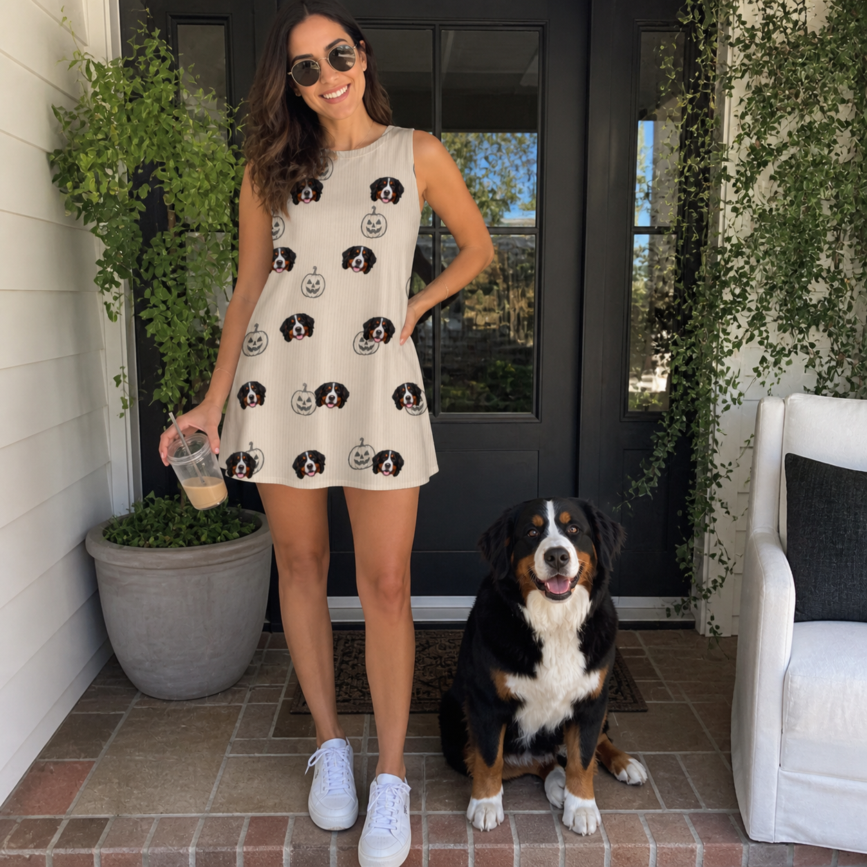 Full-length photo with the pet printed all over this Women's Cucurbit Chuckles Custom Dog Face Tank Dress