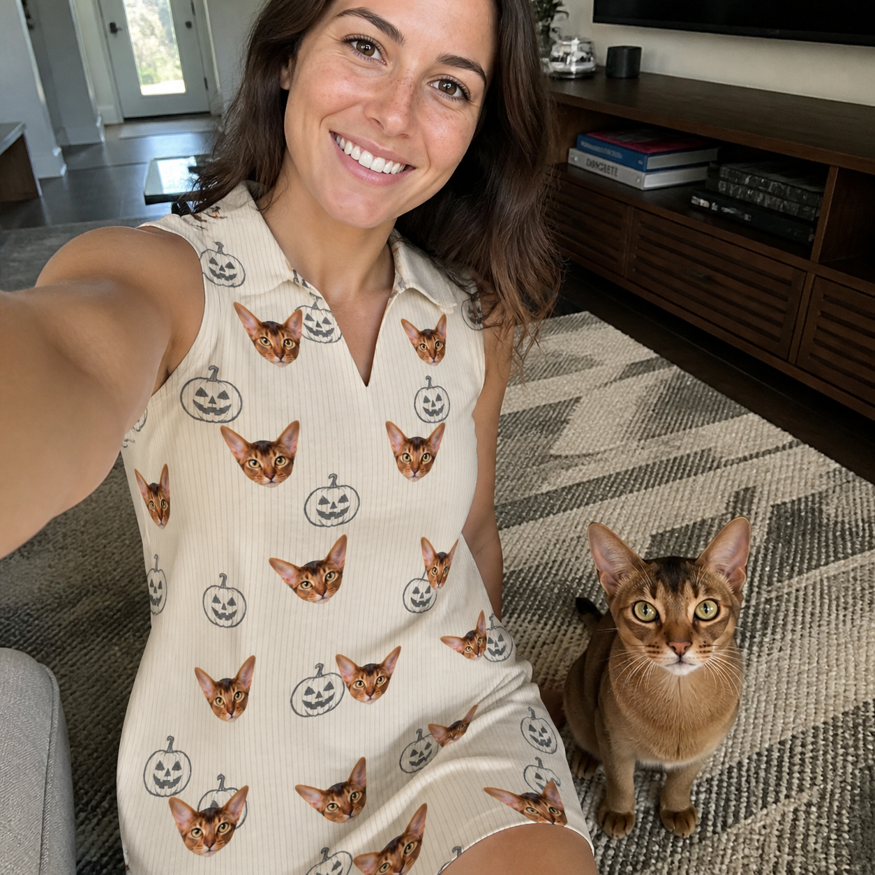 Selfie with the pet whose face is printed all over this Women's Cucurbit Chuckles Custom Cat Face V-Neck Dress