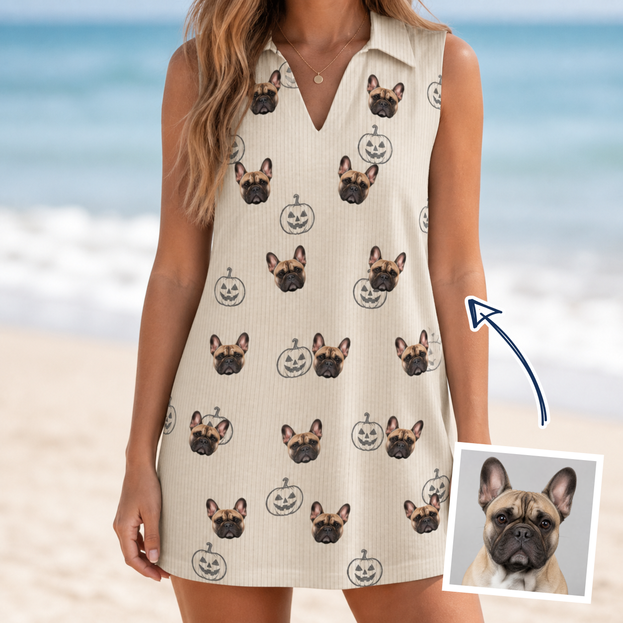 Woman wearing Women's Cucurbit Chuckles Custom Dog Face V-Neck Dress — custom faces printed all-over