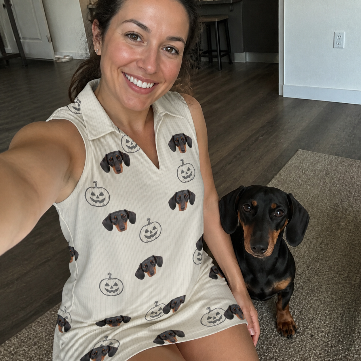 Selfie with the pet whose face is printed all over this Women's Cucurbit Chuckles Custom Dog Face V-Neck Dress