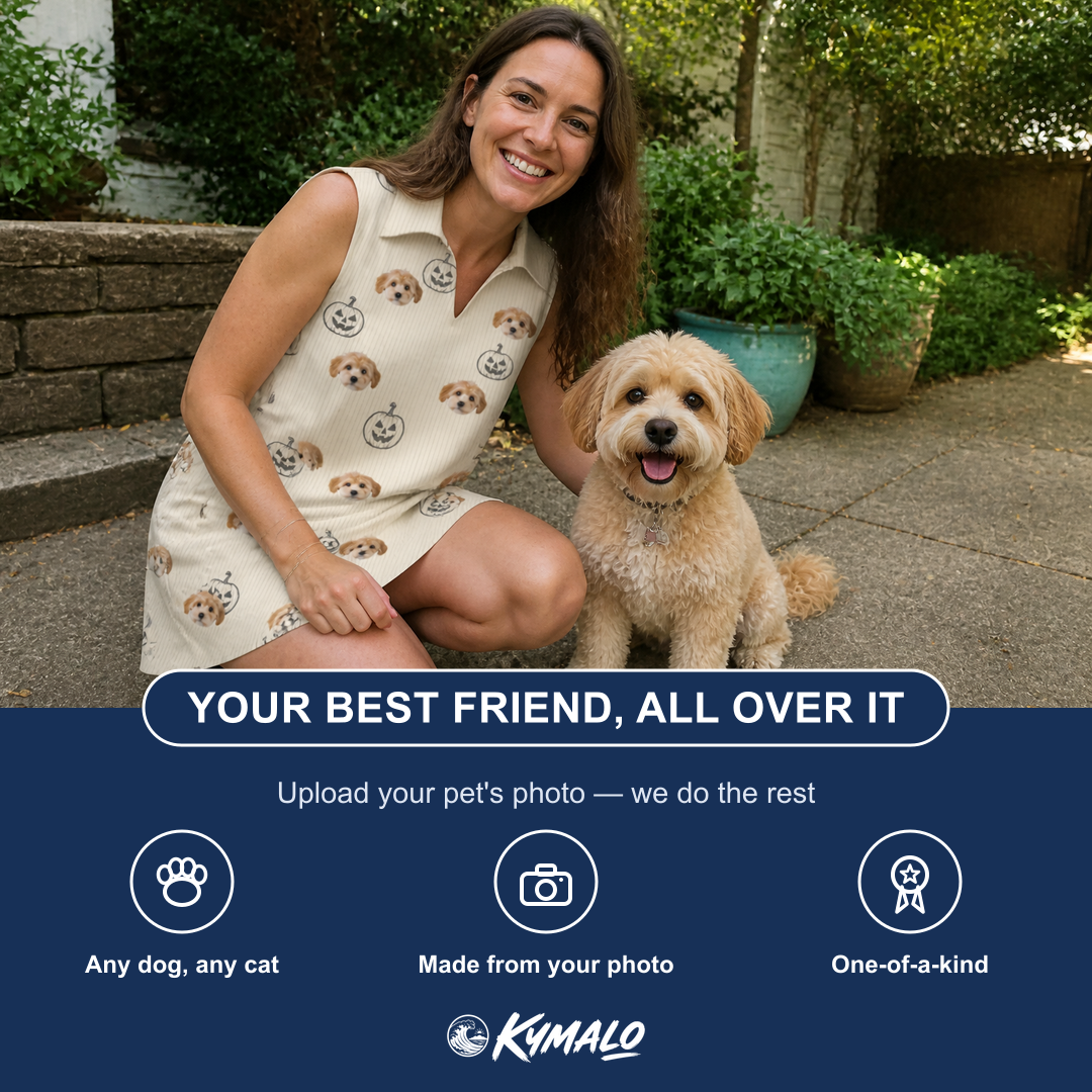 Friends in matching Women's Cucurbit Chuckles Custom Dog Face V-Neck Dress — a group gift photo