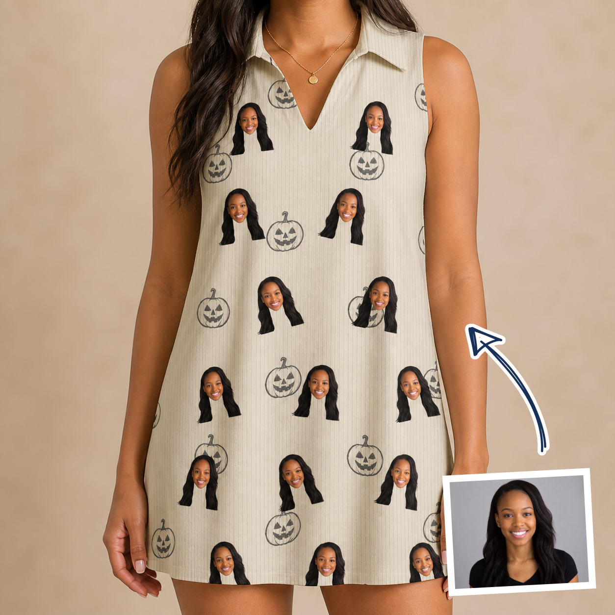 Woman wearing Women's Cucurbit Chuckles Custom Face V-Neck Dress — custom faces printed all-over