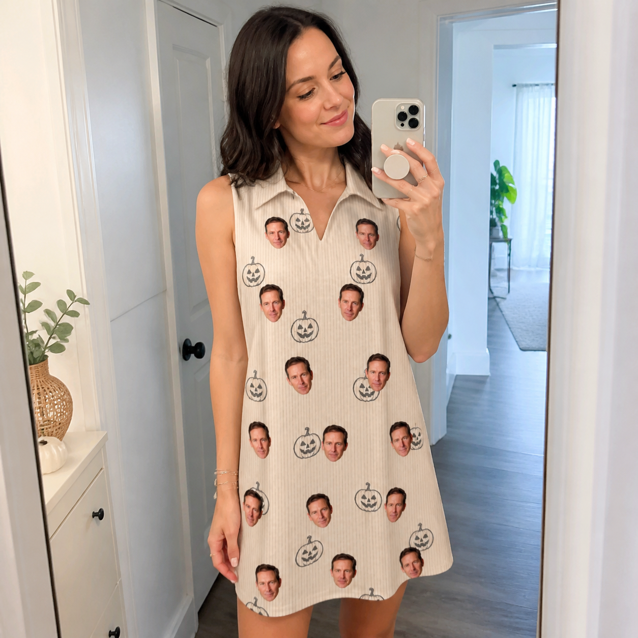 Real-life photo of someone wearing Women's Cucurbit Chuckles Custom Face V-Neck Dress — custom faces printed all-over