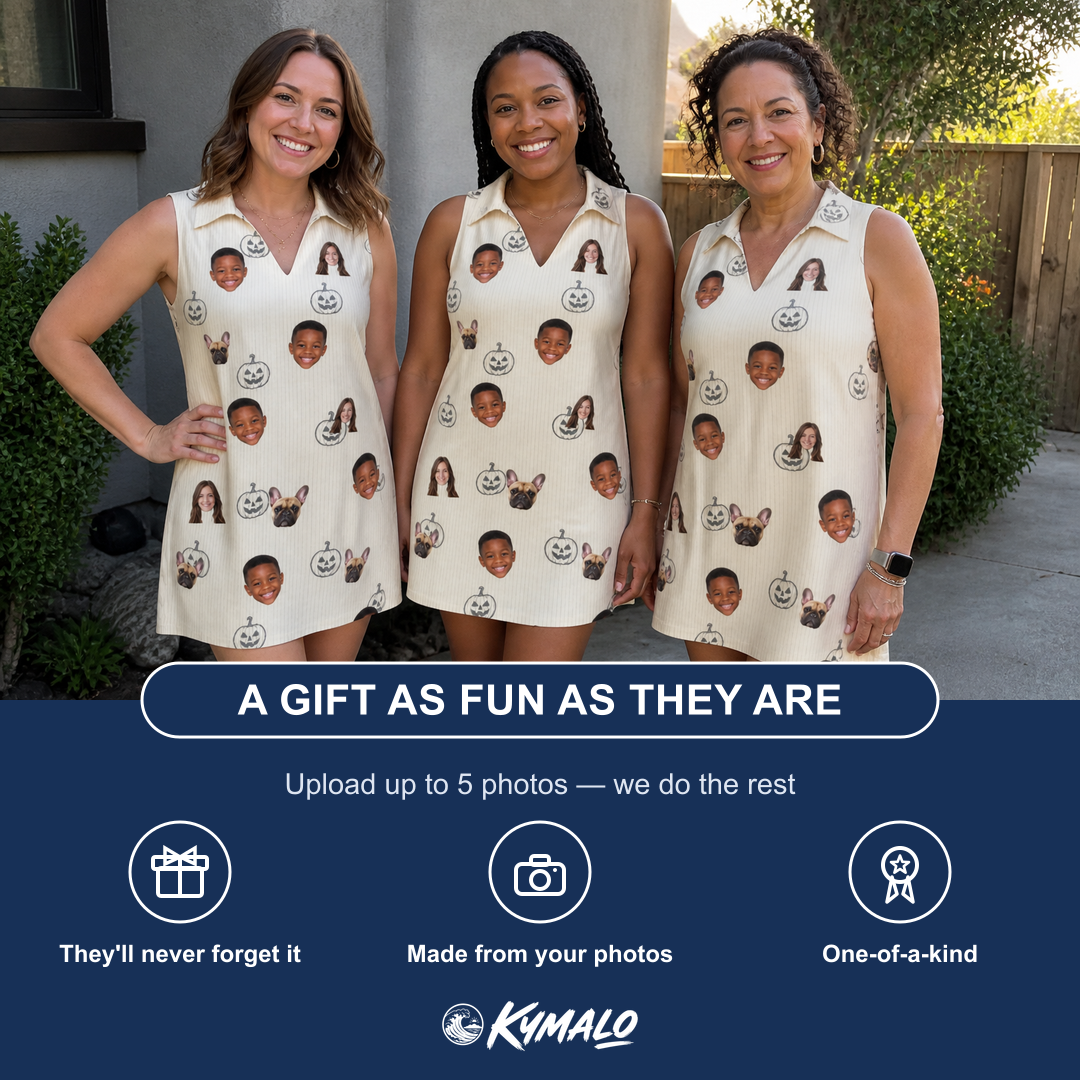 Friends in matching Women's Cucurbit Chuckles Custom Face V-Neck Dress — a group gift photo