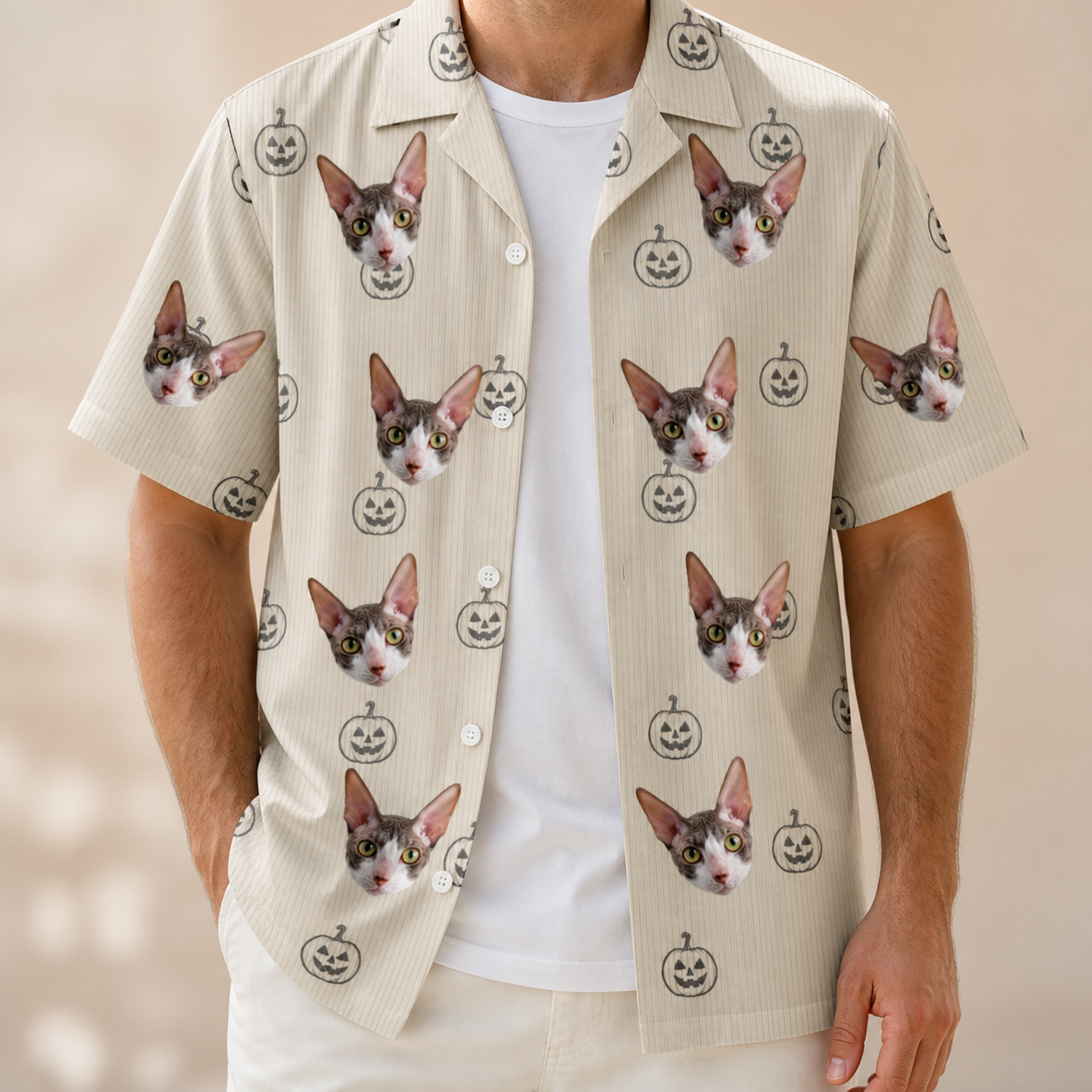 Man wearing Men's Cucurbit Chuckles Custom Cat Face Hawaiian Shirt open over a white tee