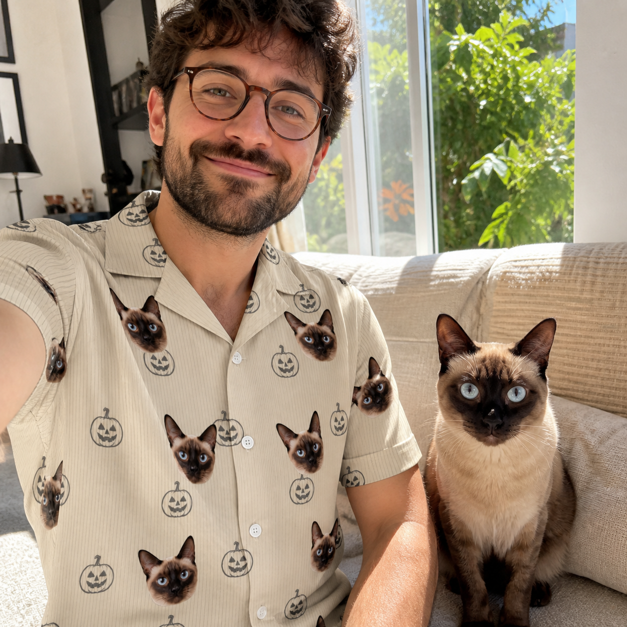Selfie with the pet whose face is printed all over this Men's Cucurbit Chuckles Custom Cat Face Hawaiian Shirt