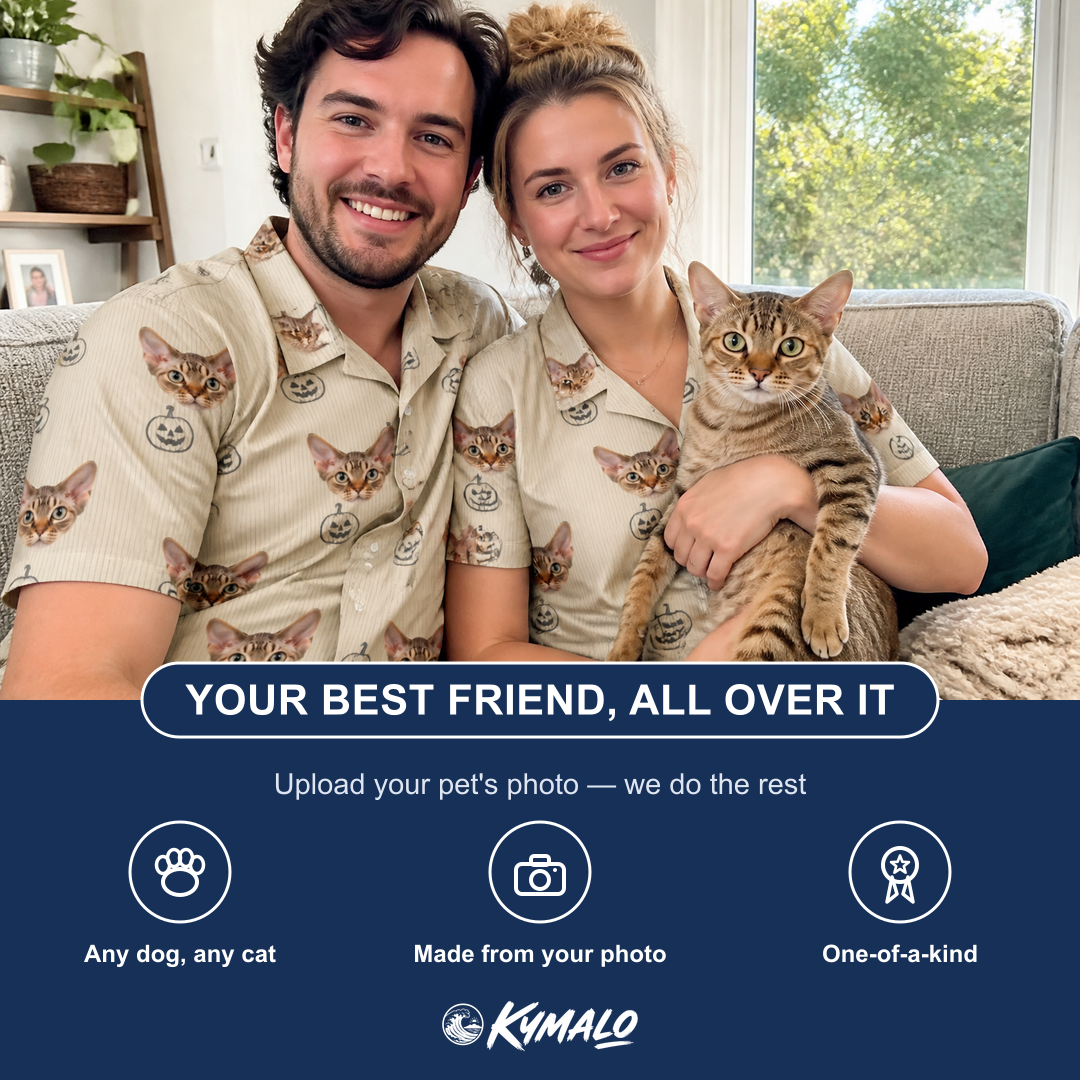 Friends in matching Men's Cucurbit Chuckles Custom Cat Face Hawaiian Shirt — a group gift photo