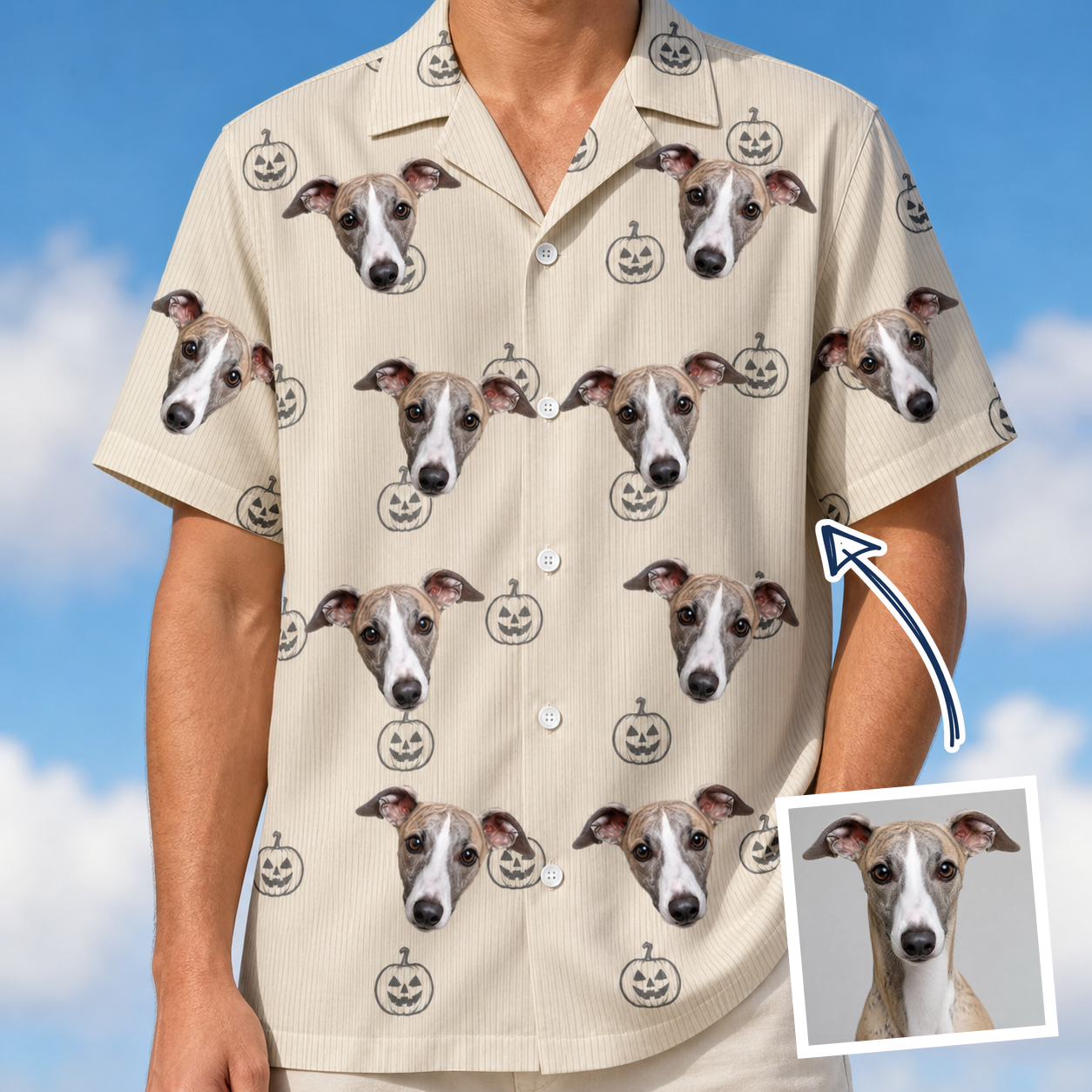 Man wearing Men's Cucurbit Chuckles Custom Dog Face Hawaiian Shirt — custom faces printed all-over