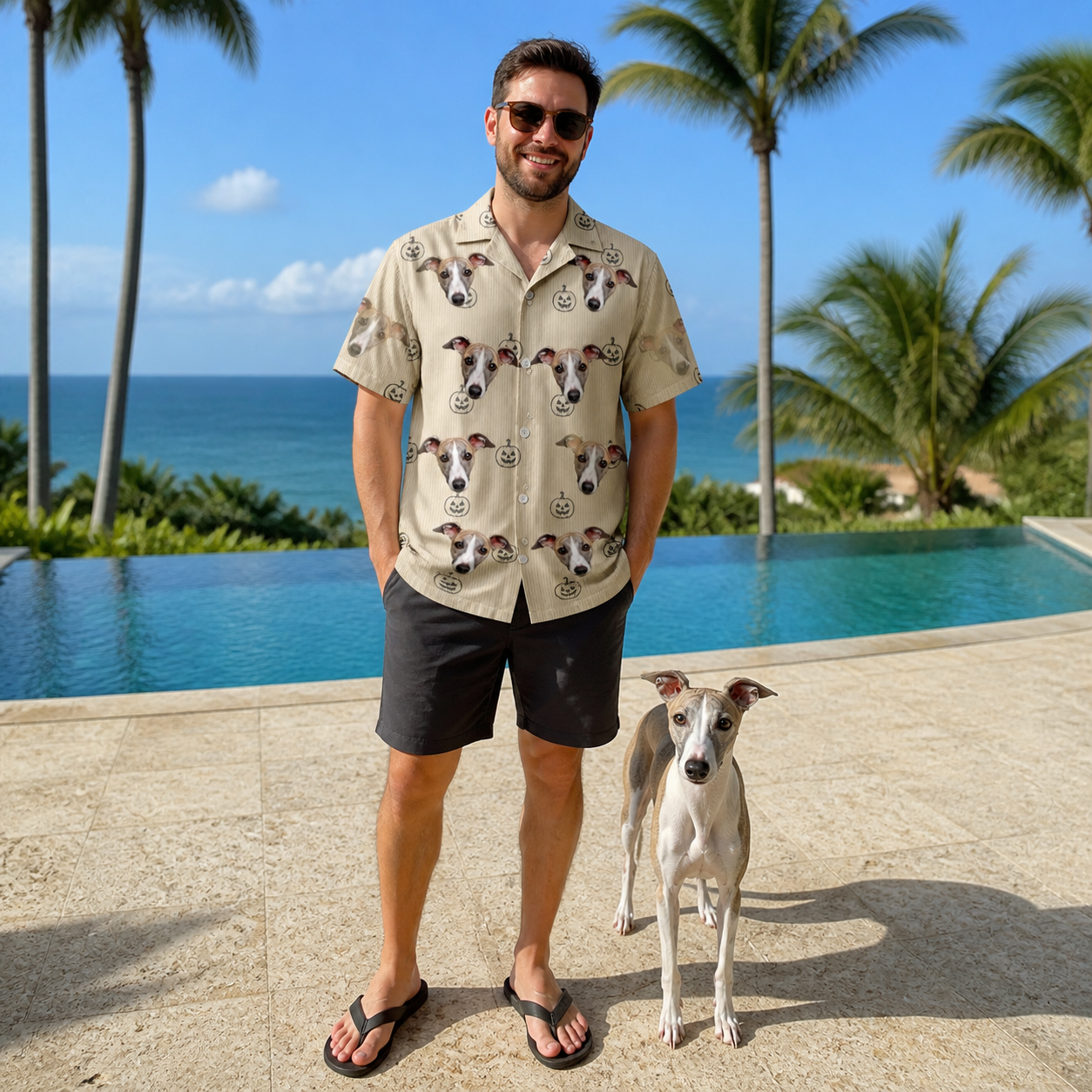 Full-length photo with the pet printed all over this Men's Cucurbit Chuckles Custom Dog Face Hawaiian Shirt