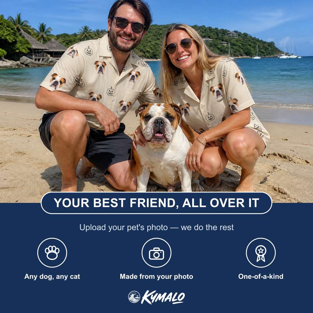 Friends in matching Men's Cucurbit Chuckles Custom Dog Face Hawaiian Shirt — a group gift photo