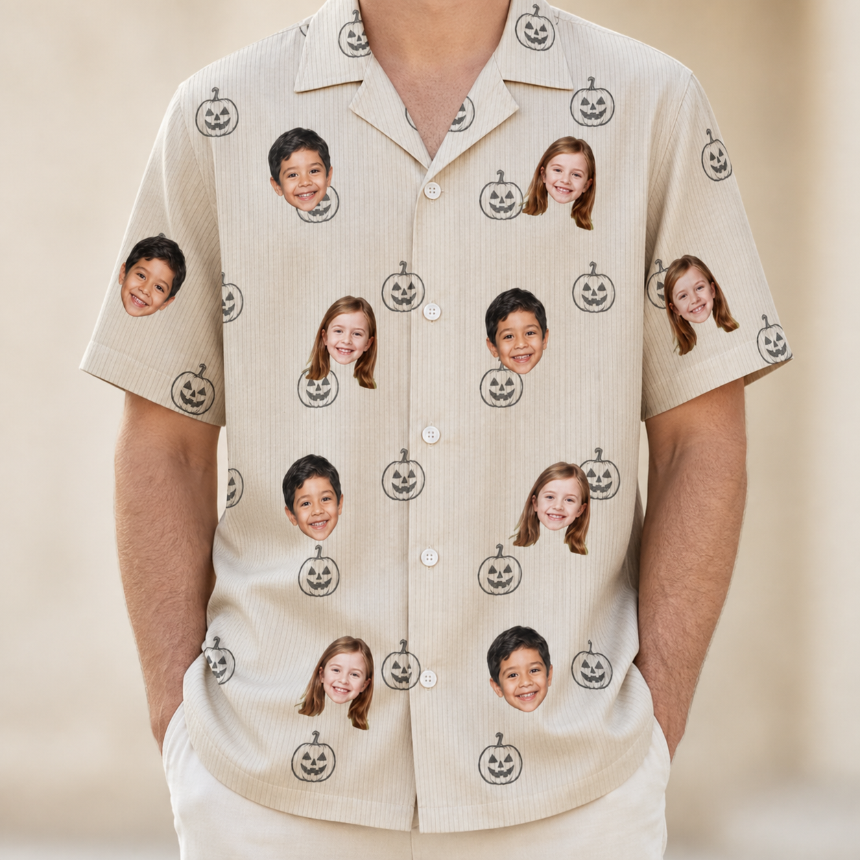 Model wearing Men's Cucurbit Chuckles Custom Face Hawaiian Shirt printed with kids' faces