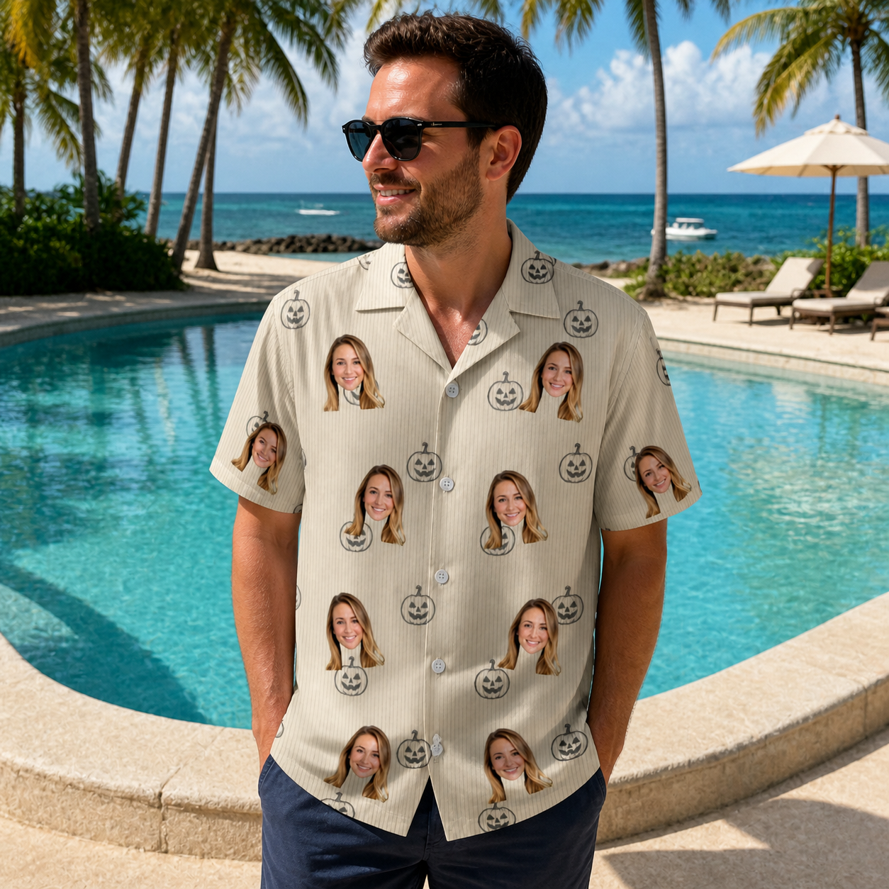 Real-life photo of someone wearing Men's Cucurbit Chuckles Custom Face Hawaiian Shirt — custom faces printed all-over
