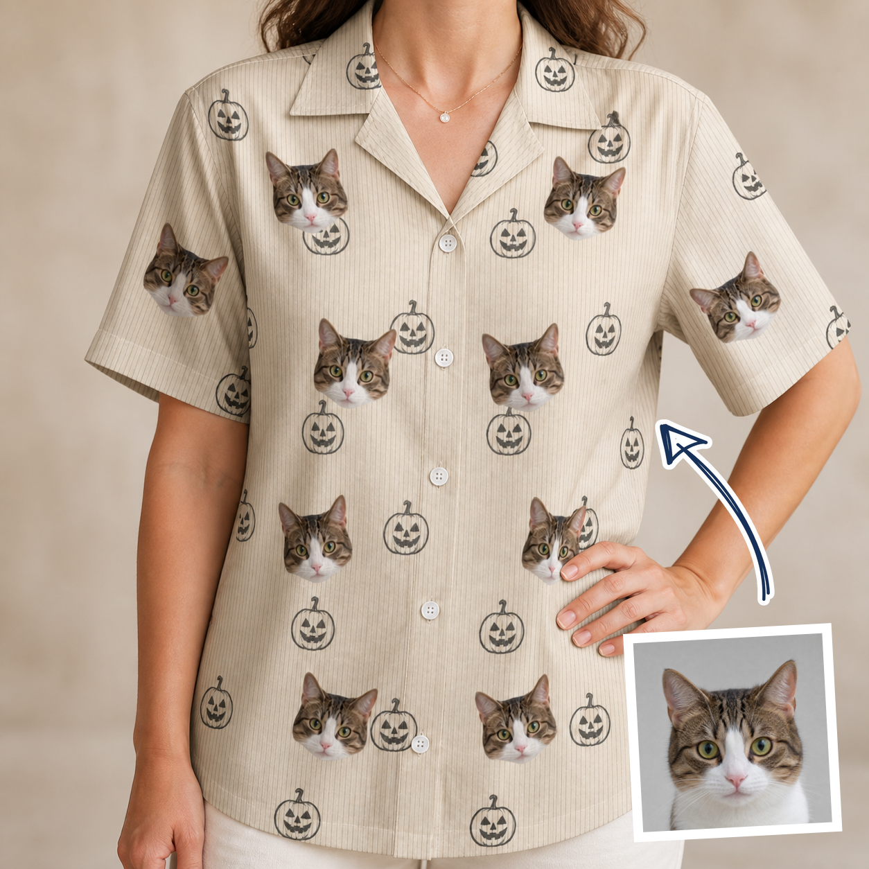 Woman wearing Women's Cucurbit Chuckles Custom Cat Face Hawaiian Shirt — custom faces printed all-over