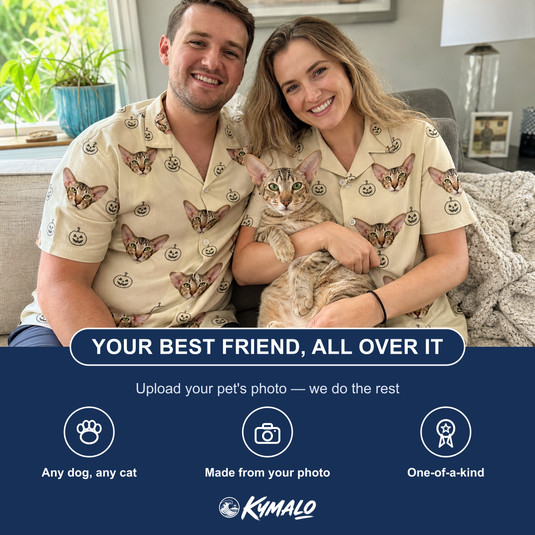 Friends in matching Women's Cucurbit Chuckles Custom Cat Face Hawaiian Shirt — a group gift photo