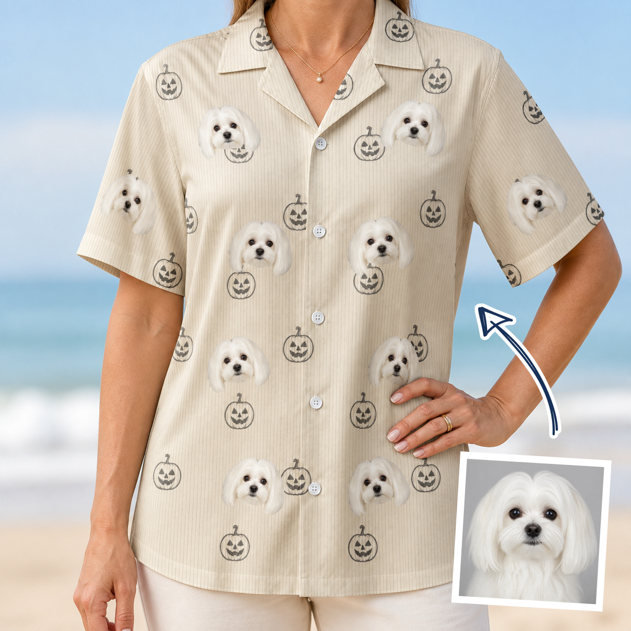 Woman wearing Women's Cucurbit Chuckles Custom Dog Face Hawaiian Shirt — custom faces printed all-over