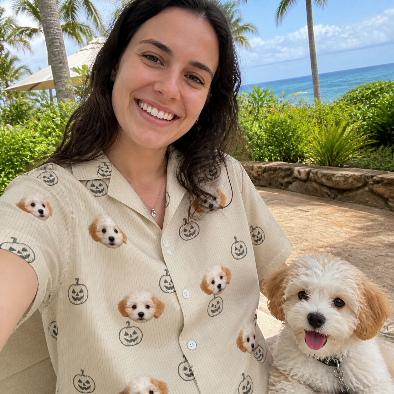 Selfie with the pet whose face is printed all over this Women's Cucurbit Chuckles Custom Dog Face Hawaiian Shirt