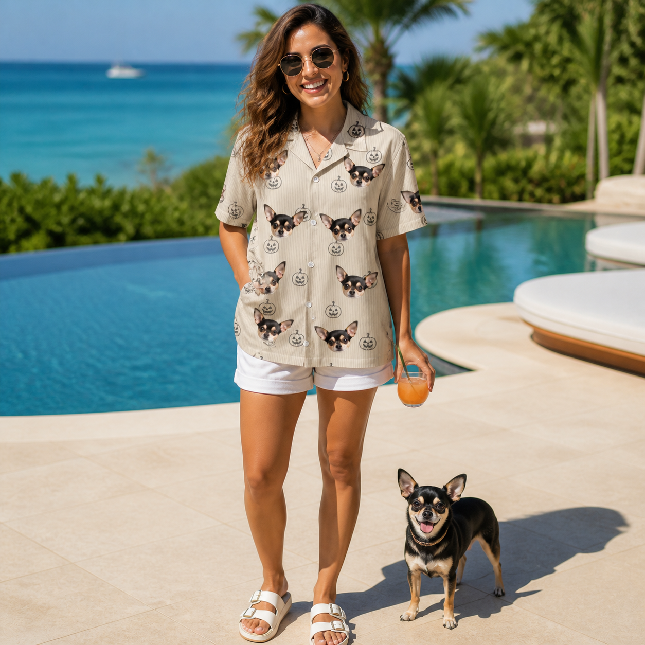 Full-length photo with the pet printed all over this Women's Cucurbit Chuckles Custom Dog Face Hawaiian Shirt