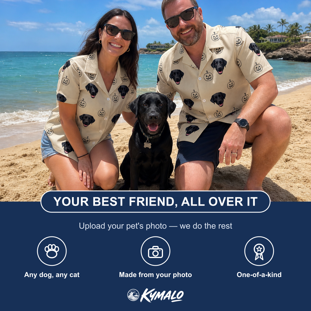 Friends in matching Women's Cucurbit Chuckles Custom Dog Face Hawaiian Shirt — a group gift photo