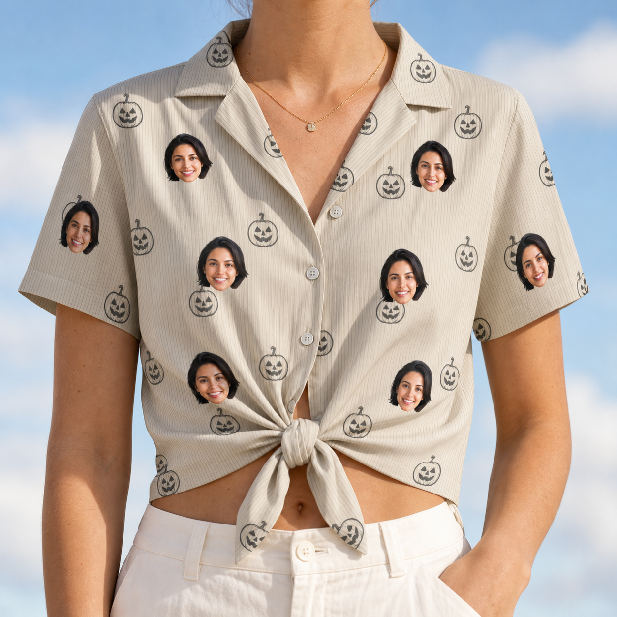 Woman wearing Women's Cucurbit Chuckles Custom Face Hawaiian Shirt tied at the waist