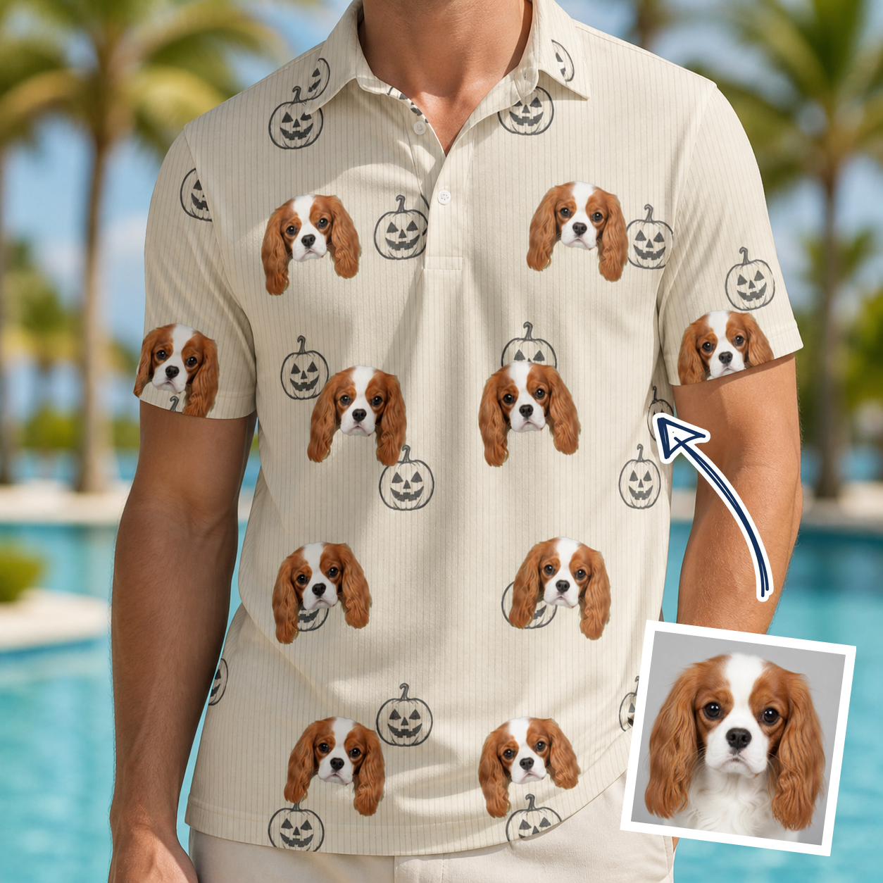 Man wearing Men's Cucurbit Chuckles Custom Dog Face Polo Shirt — custom faces printed all-over