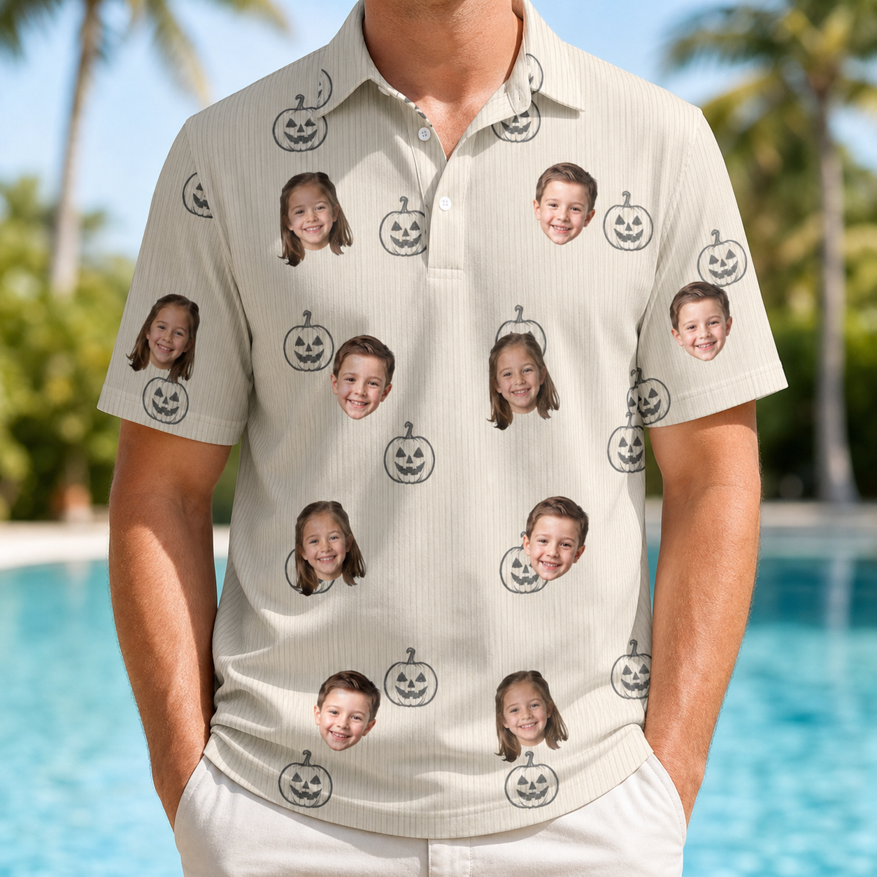 Model wearing Men's Cucurbit Chuckles Custom Face Polo Shirt printed with kids' faces