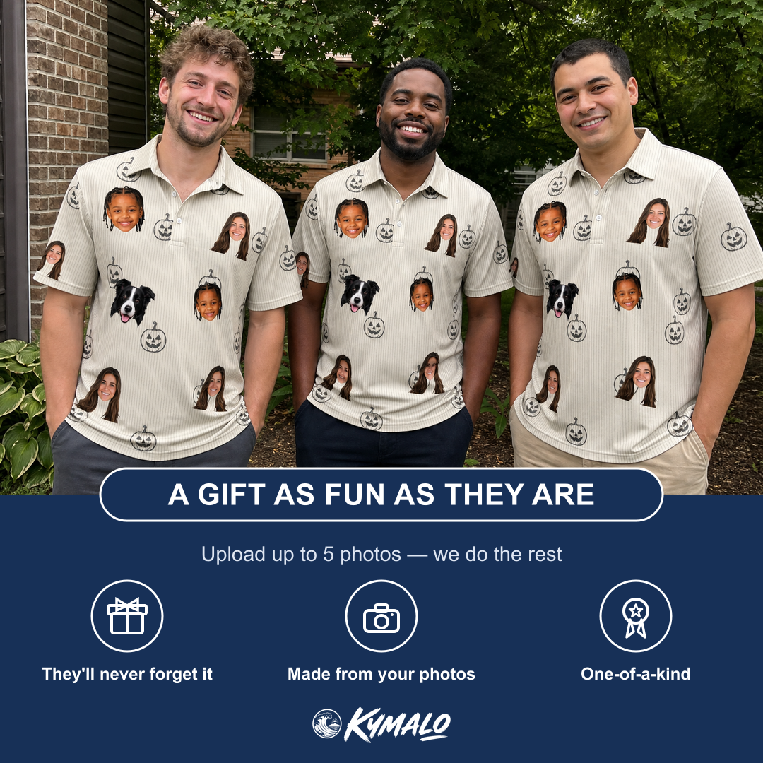 Friends in matching Men's Cucurbit Chuckles Custom Face Polo Shirt — a group gift photo