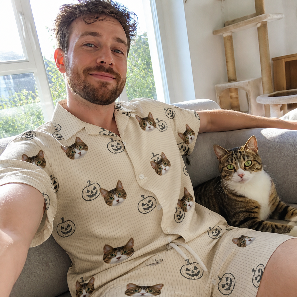 Selfie with the pet whose face is printed all over this Men's Cucurbit Chuckles Custom Cat Face Shirt & Shorts Set