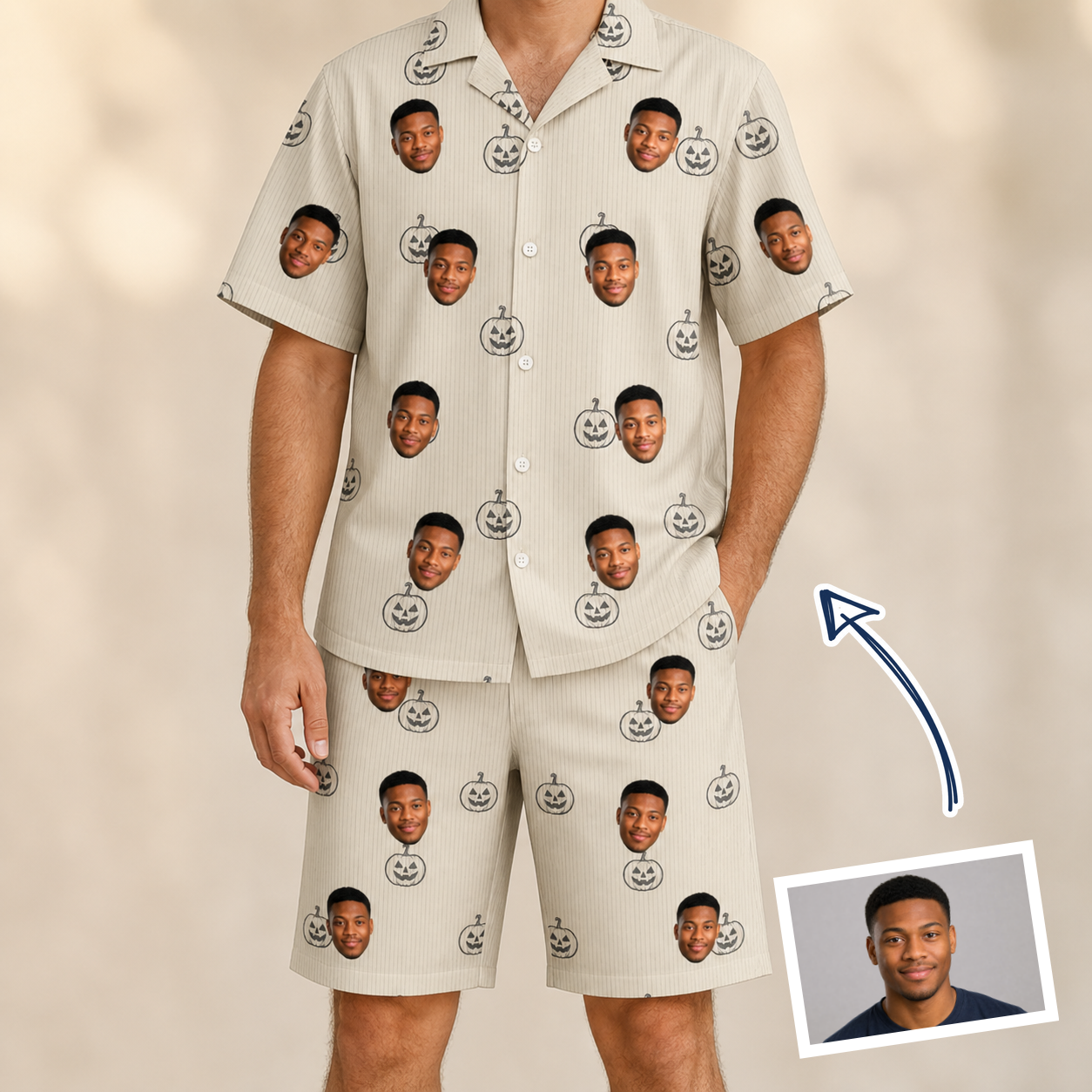 Man wearing Men's Cucurbit Chuckles Custom Face Shirt & Shorts Set — custom faces printed all-over