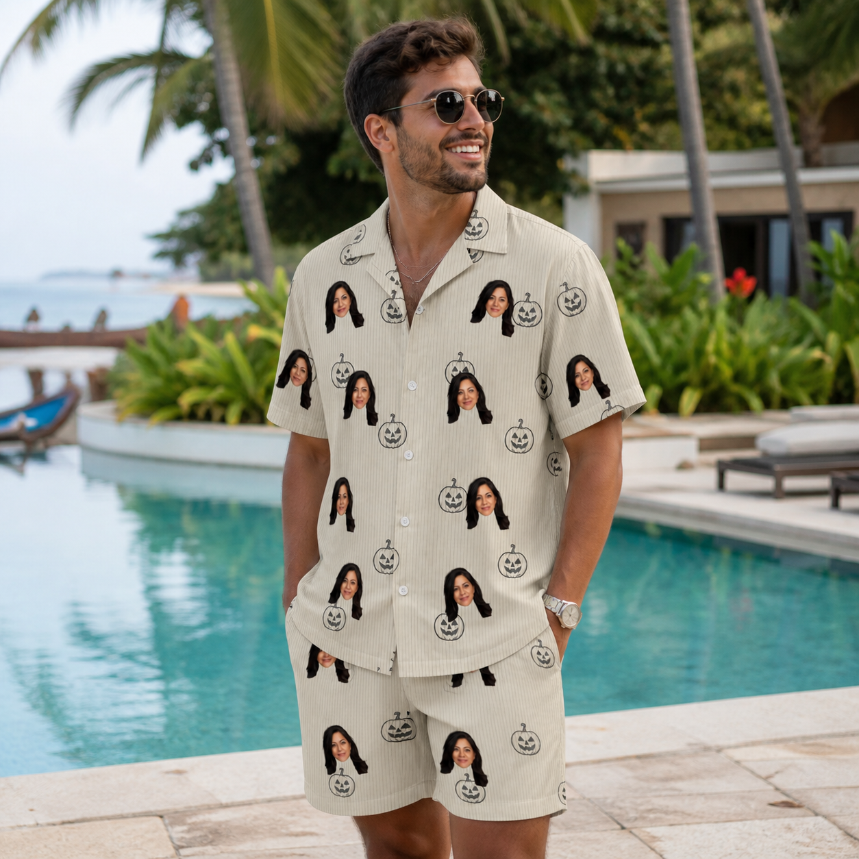 Real-life photo of someone wearing Men's Cucurbit Chuckles Custom Face Shirt & Shorts Set — custom faces printed all-over