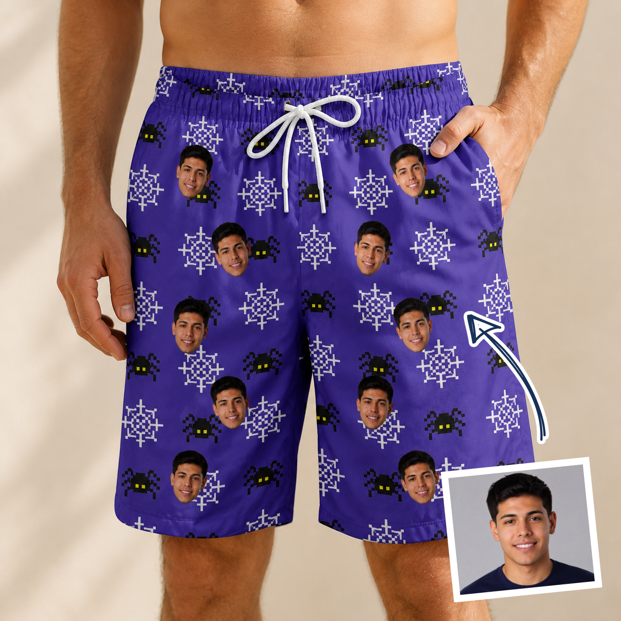 Man wearing Men's Leggy Lurkers Custom Face Beach Shorts — custom faces printed all-over