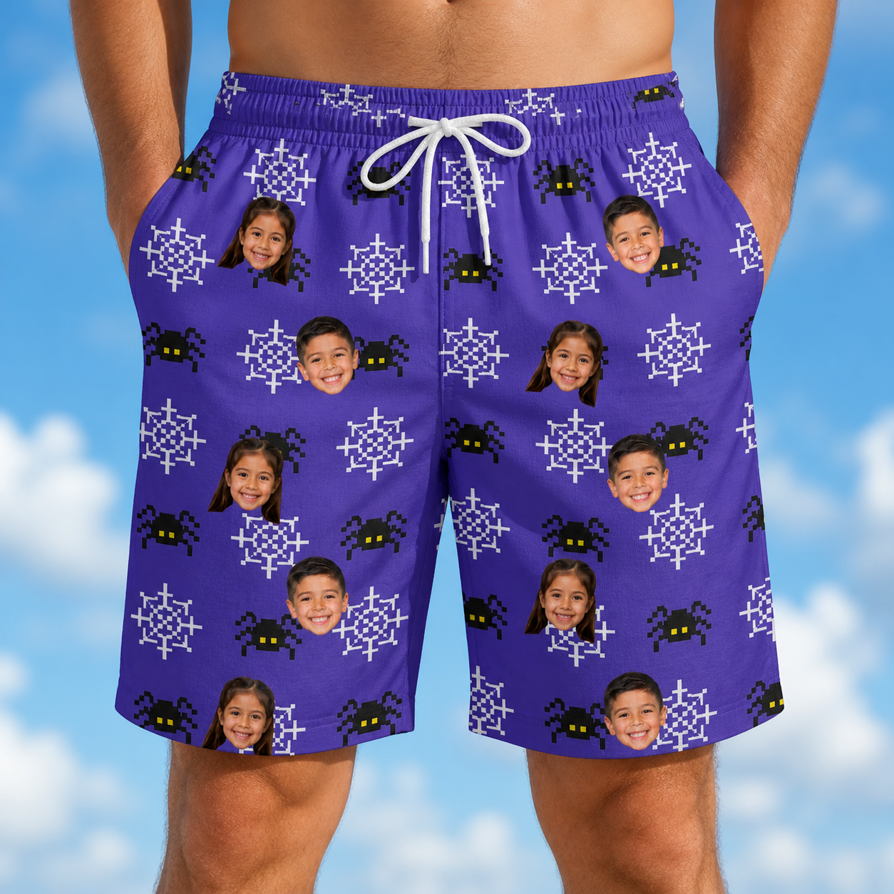 Model wearing Men's Leggy Lurkers Custom Face Beach Shorts printed with kids' faces