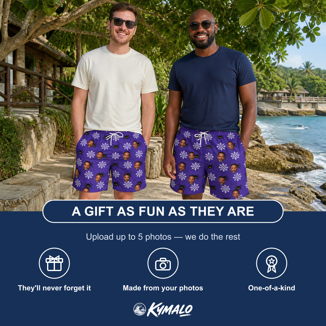 Friends in matching Men's Leggy Lurkers Custom Face Beach Shorts — a group gift photo