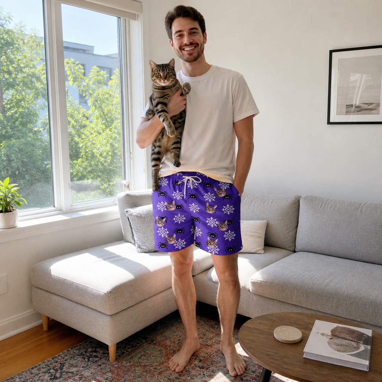 Full-length photo with the pet printed all over this Men's Leggy Lurkers Custom Cat Face Beach Shorts