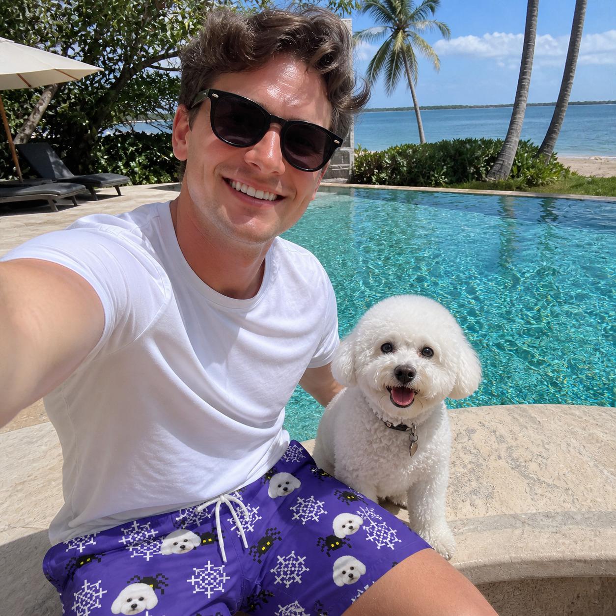 Selfie with the pet whose face is printed all over this Men's Leggy Lurkers Custom Dog Face Beach Shorts