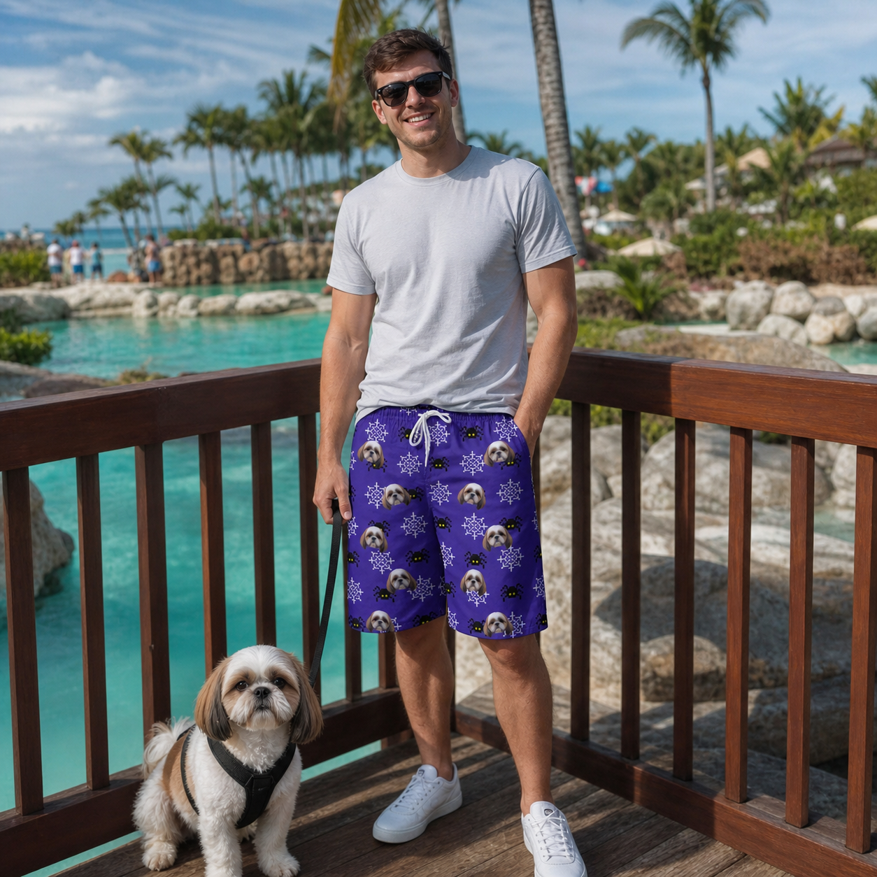 Full-length photo with the pet printed all over this Men's Leggy Lurkers Custom Dog Face Beach Shorts