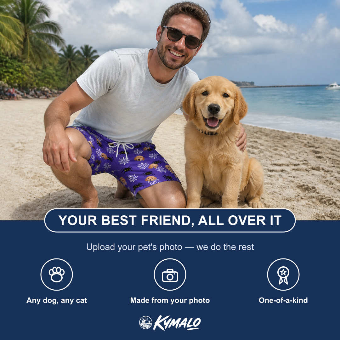 Friends in matching Men's Leggy Lurkers Custom Dog Face Beach Shorts — a group gift photo