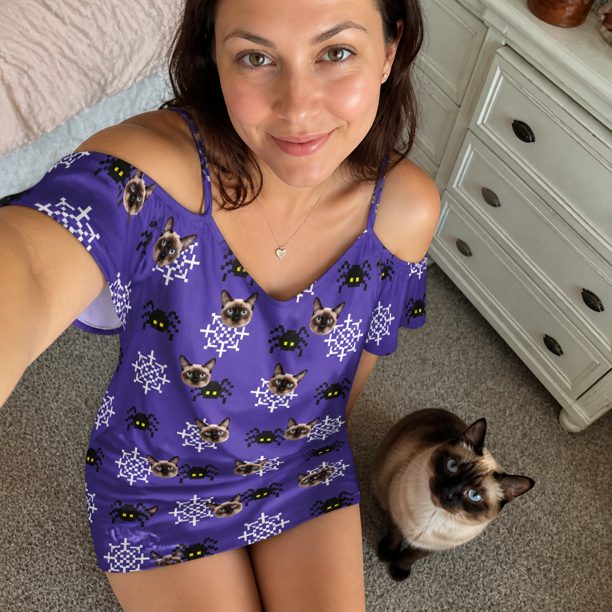 Selfie with the pet whose face is printed all over this Women's Leggy Lurkers Custom Cat Face Off-Shoulder Dress