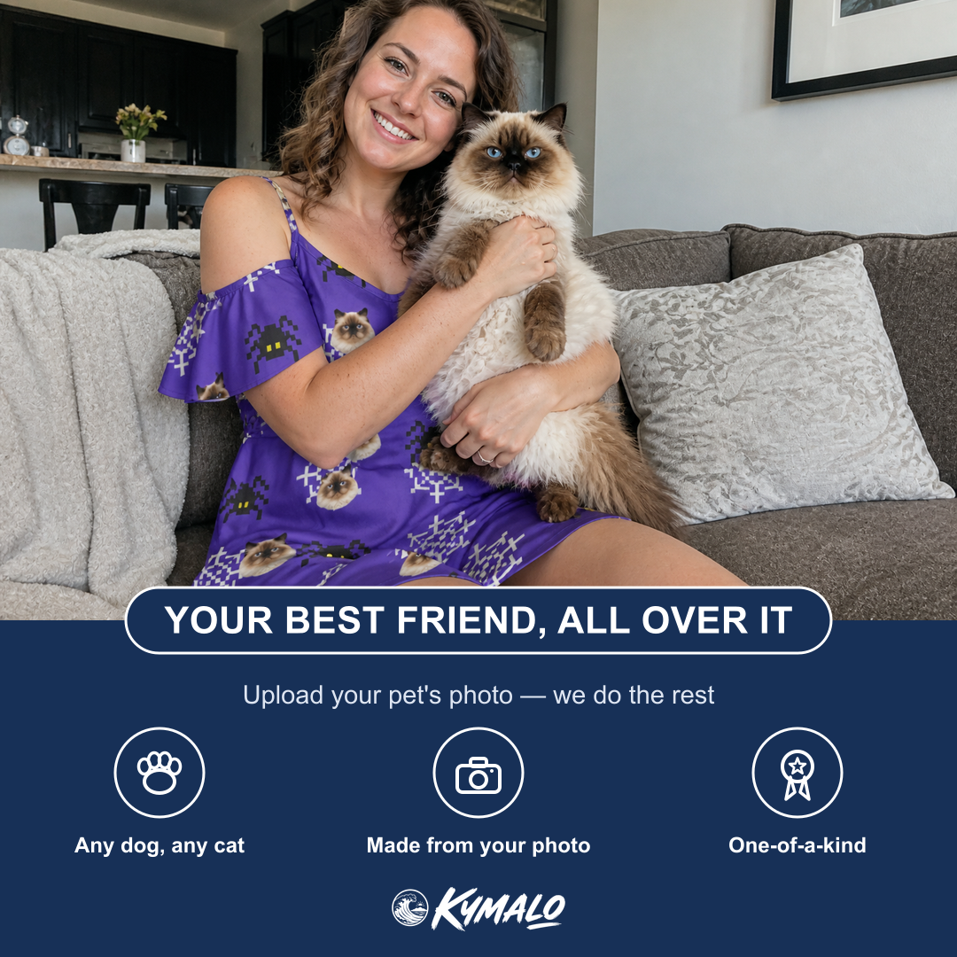 Friends in matching Women's Leggy Lurkers Custom Cat Face Off-Shoulder Dress — a group gift photo