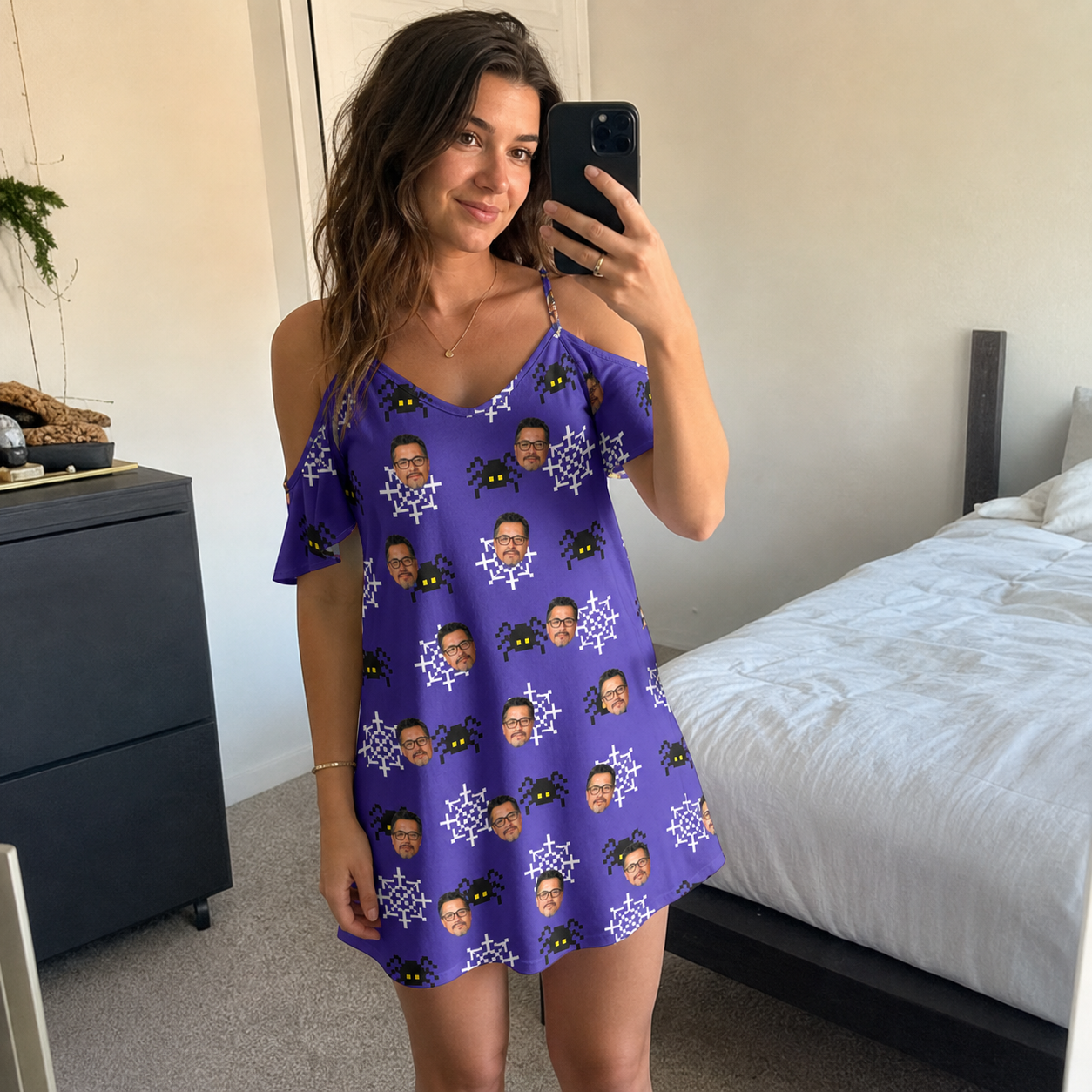 Real-life photo of someone wearing Women's Leggy Lurkers Custom Face Off-Shoulder Dress — custom faces printed all-over