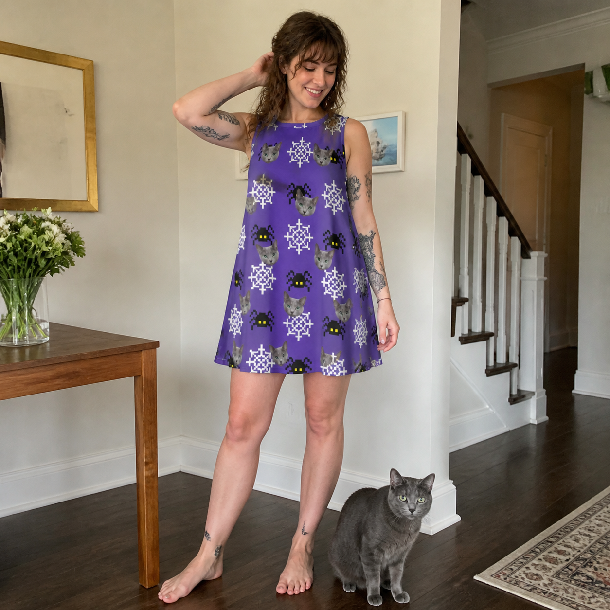 Full-length photo with the pet printed all over this Women's Leggy Lurkers Custom Cat Face Tank Dress