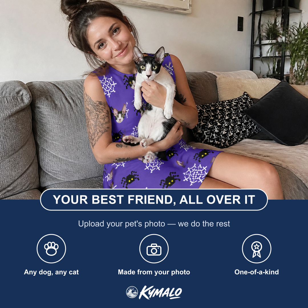 Friends in matching Women's Leggy Lurkers Custom Cat Face Tank Dress — a group gift photo