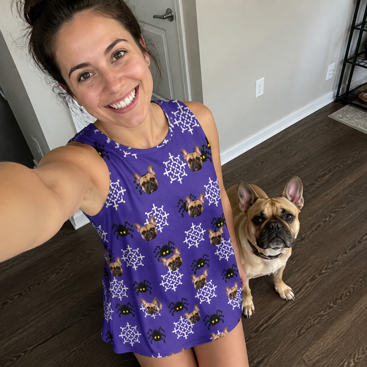 Selfie with the pet whose face is printed all over this Women's Leggy Lurkers Custom Dog Face Tank Dress