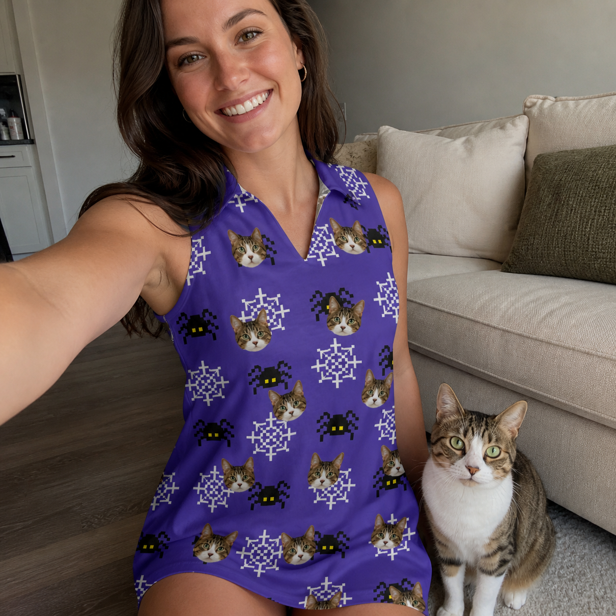 Selfie with the pet whose face is printed all over this Women's Leggy Lurkers Custom Cat Face V-Neck Dress
