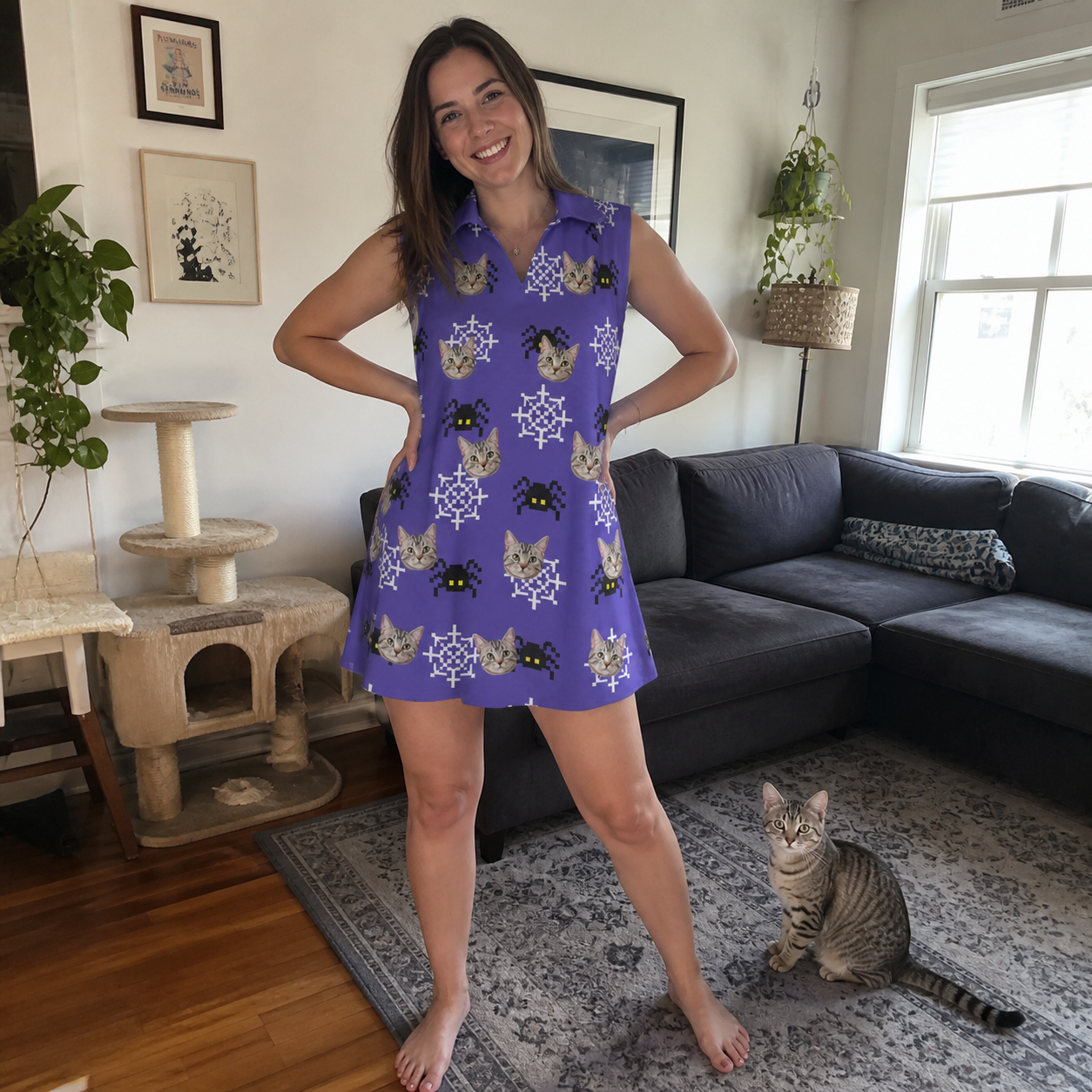 Full-length photo with the pet printed all over this Women's Leggy Lurkers Custom Cat Face V-Neck Dress