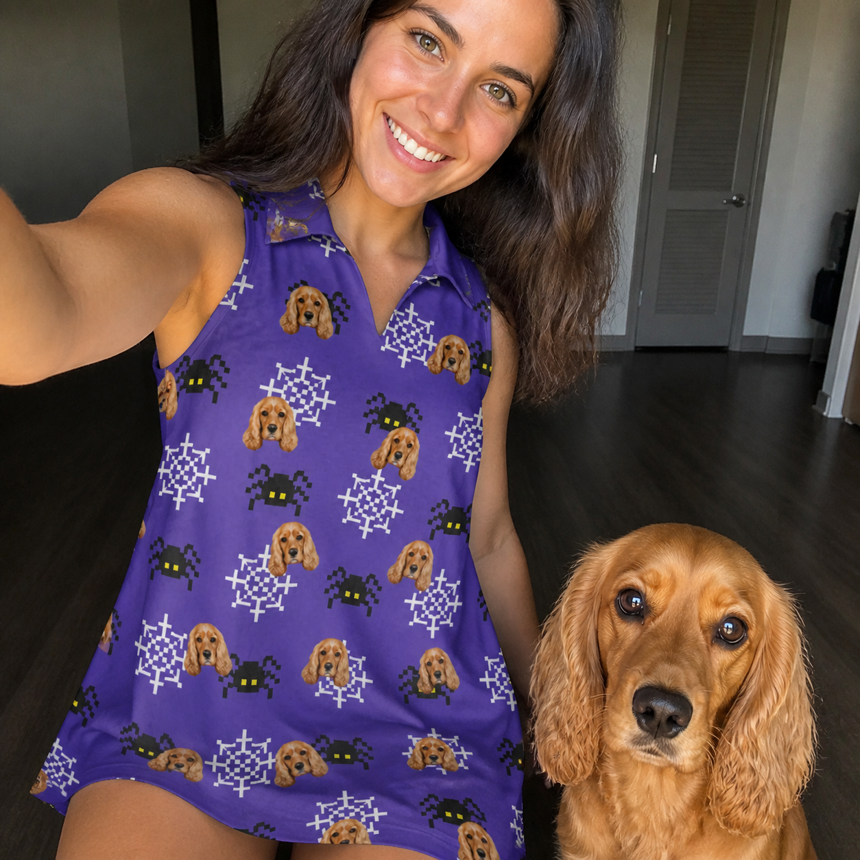 Selfie with the pet whose face is printed all over this Women's Leggy Lurkers Custom Dog Face V-Neck Dress